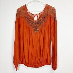 Free People Long Sleeve Top Womens Size Small Orange Beaded Blouse Long Sleeve